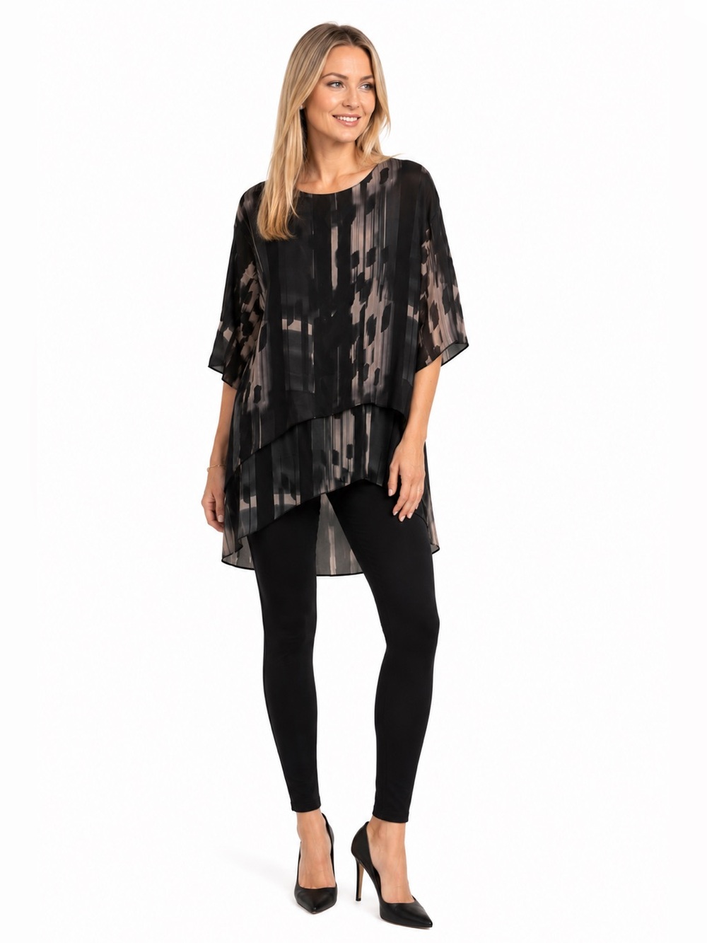 GO by Go Silk. Hi-lo silk blouse. Black/gray/white/cream abstract print. Size S